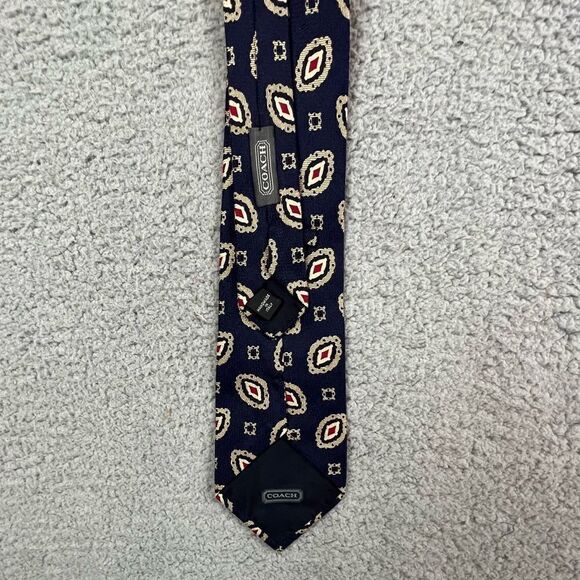 COACH MENS SILK TIE BLUE WITH TAN RED DESIGN - Picture 2 of 4